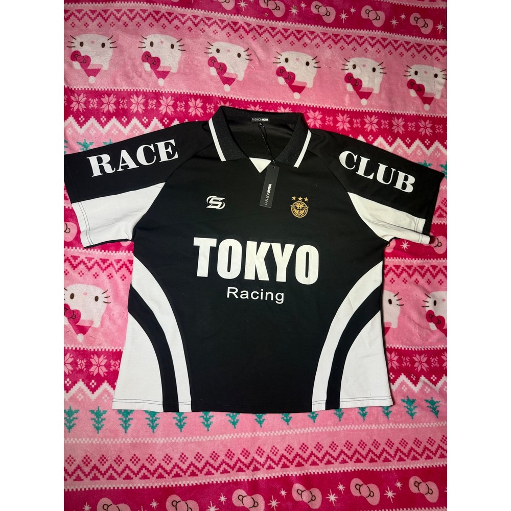 Fashion Nova Mens Tokyo Racing Club Jersey Shirt Black White Short Sleeve NWT